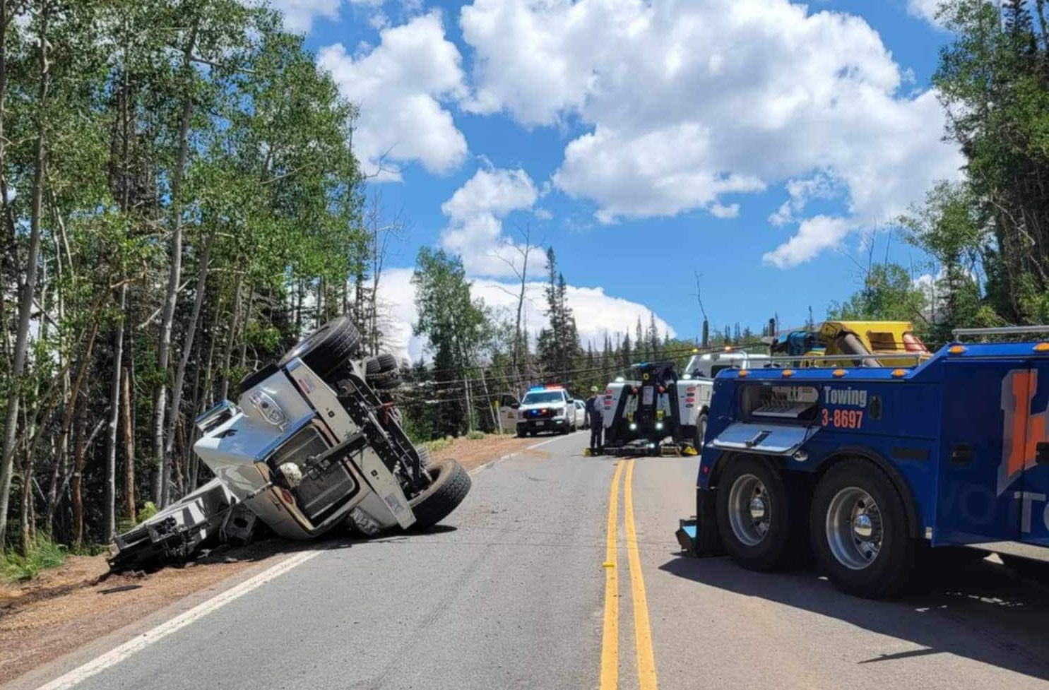 Construction truck tips over on SR-143 near Brian Head, resulting in traffic delays